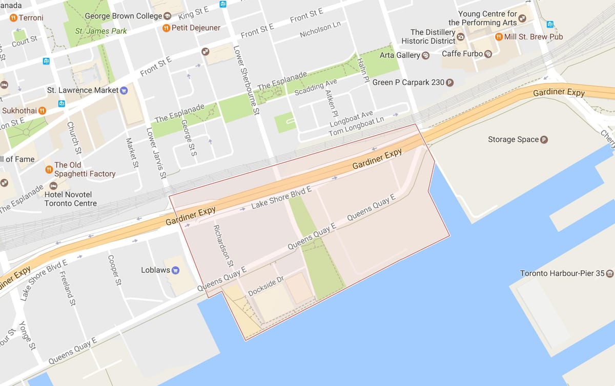 แผนที่ของทางตะวันออก Bayfront เฝ้าระวังโตรอนโต