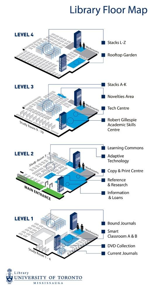 แผนที่ของมหาวิทยาลัยของโตรอนโต Mississauga องสมุดระดับ