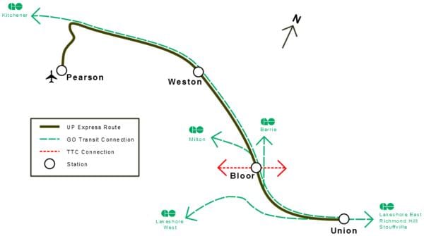 แผนที่ของโตรอนโตขึ้นมาแสดงเส้นทาง