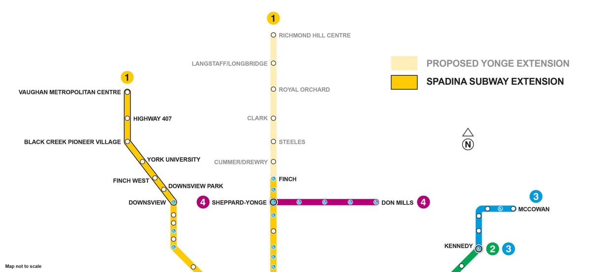 แผนที่ของโตรอนโตรถไฟใต้ดินส่วนขยาย