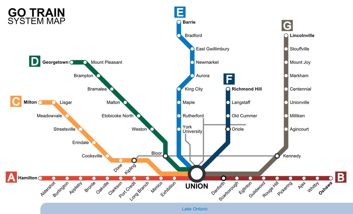 แผนที่ของโตรอนโตรถไฟไปที่ขนส่ง.