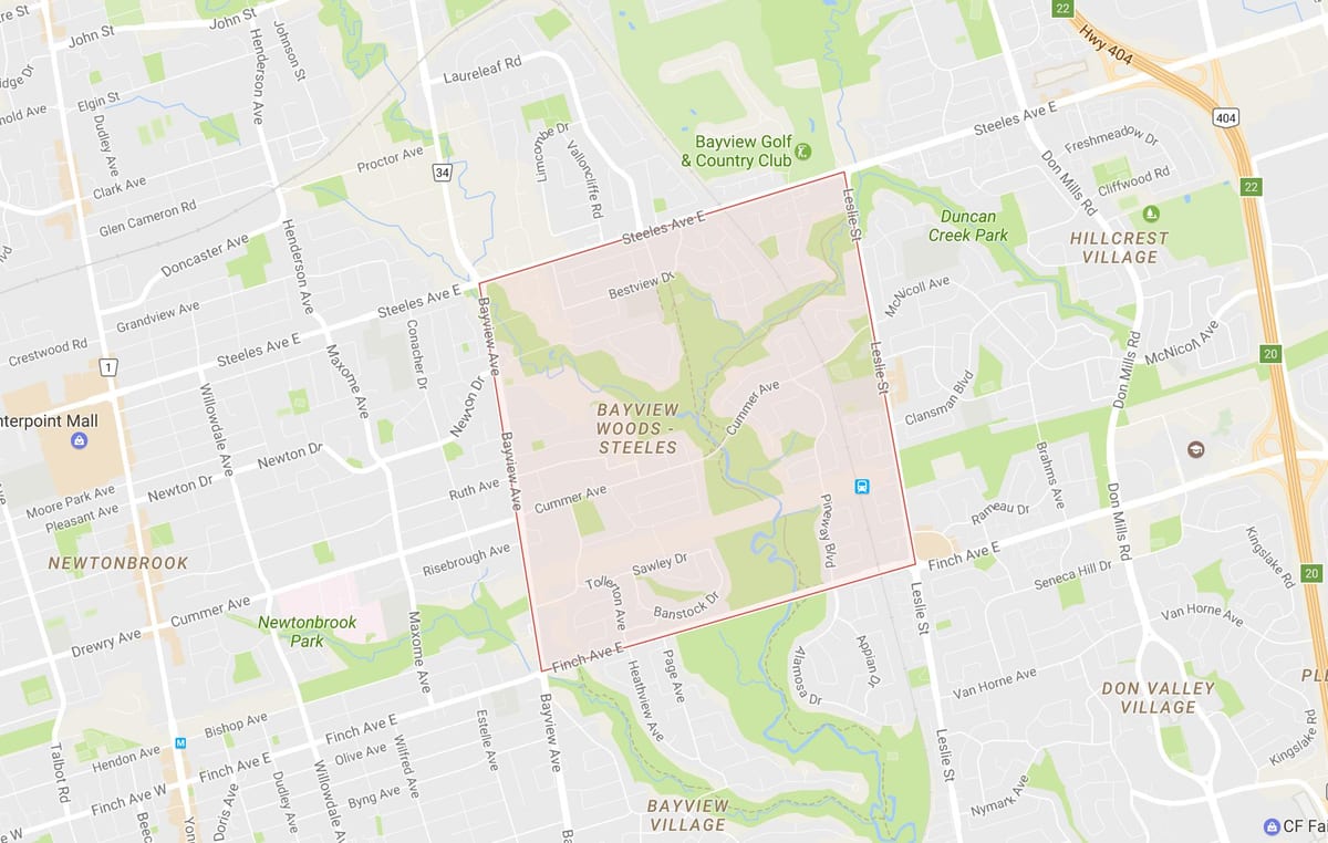 แผนที่ของ Bayview ป่า–Steeles เฝ้าระวังโตรอนโต