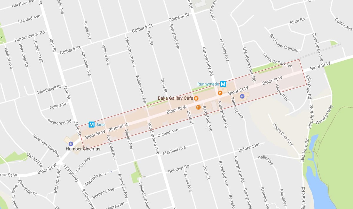 แผนที่ของ Bloor หมู่บ้านทางตะวันตกแถวบ้าโตรอนโต