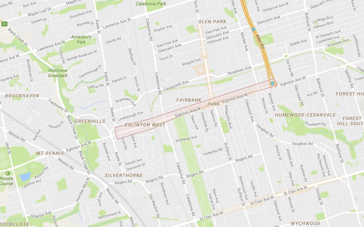 แผนที่ของ Eglinton ทางตะวันตกแถวบ้าโตรอนโต