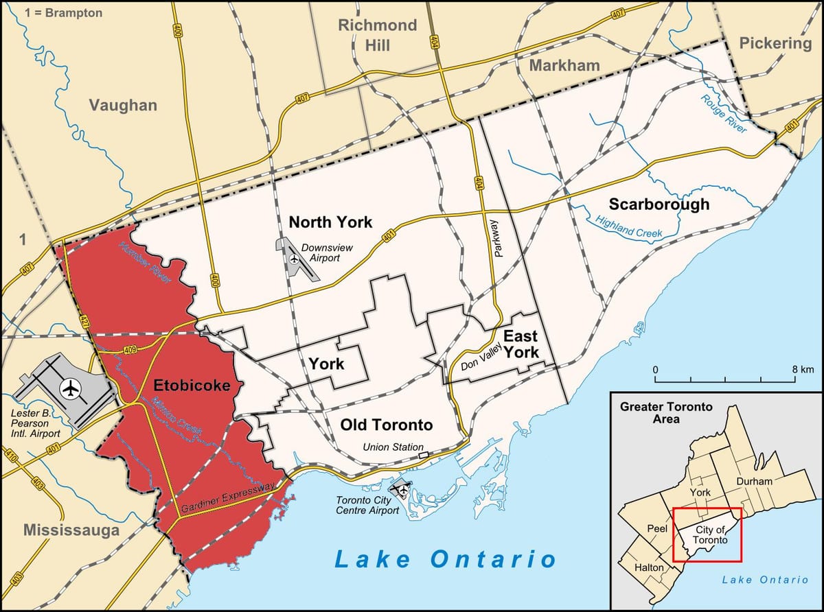 แผนที่ของ Etobicoke เขตโตรอนโต