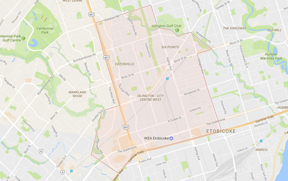 แผนที่ของ Islington เมืองศูนย์กลางทางตะวันตกแถวบ้าโตรอนโต