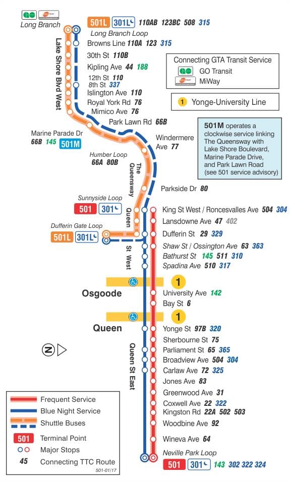 แผนที่ของ streetcar เส้น 501 ราชินี