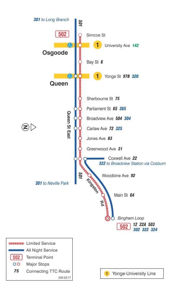แผนที่ของ streetcar เส้น 502 Downtowner
