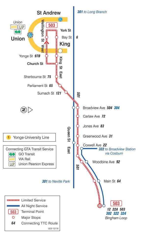 แผนที่ของ streetcar เส้น 503 ถนนคิงส์ตั้นจอร์จ