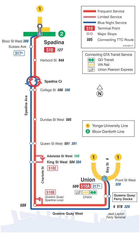 แผนที่ของ streetcar เส้น 510 Spadina