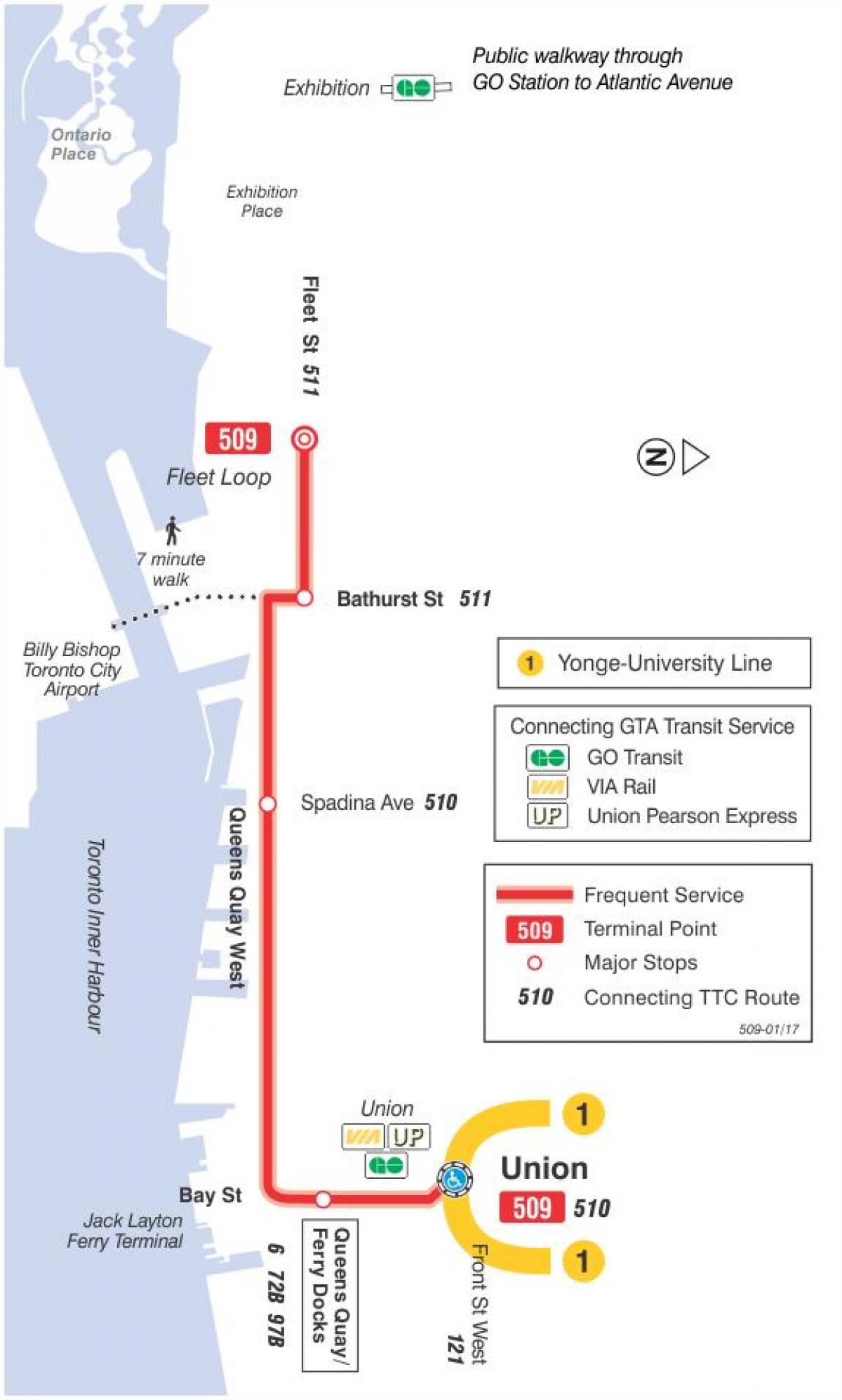 แผนที่ของ streetcar เส้น 509 Harbourfront