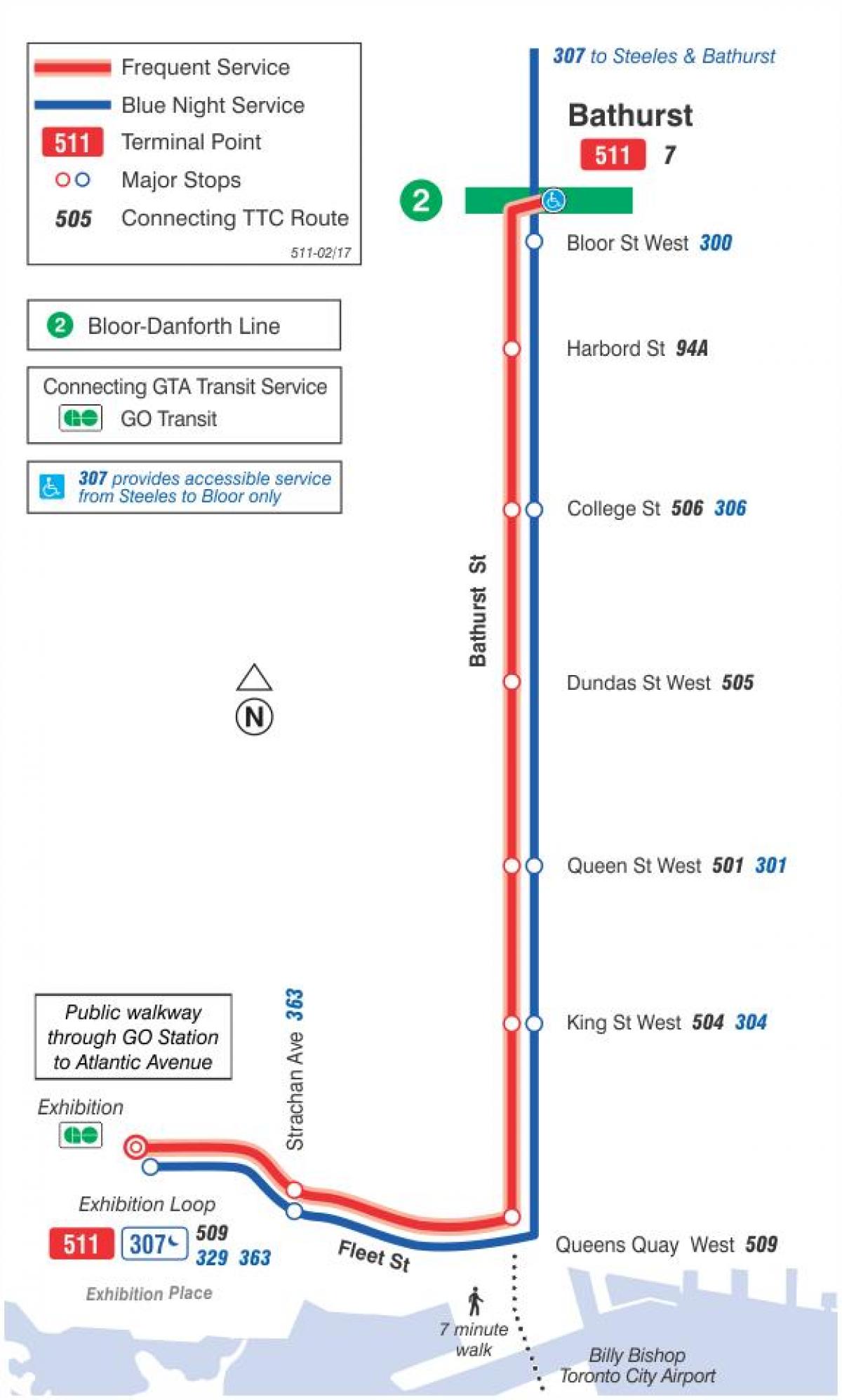 แผนที่ของ streetcar เส้น 511 Bathurst