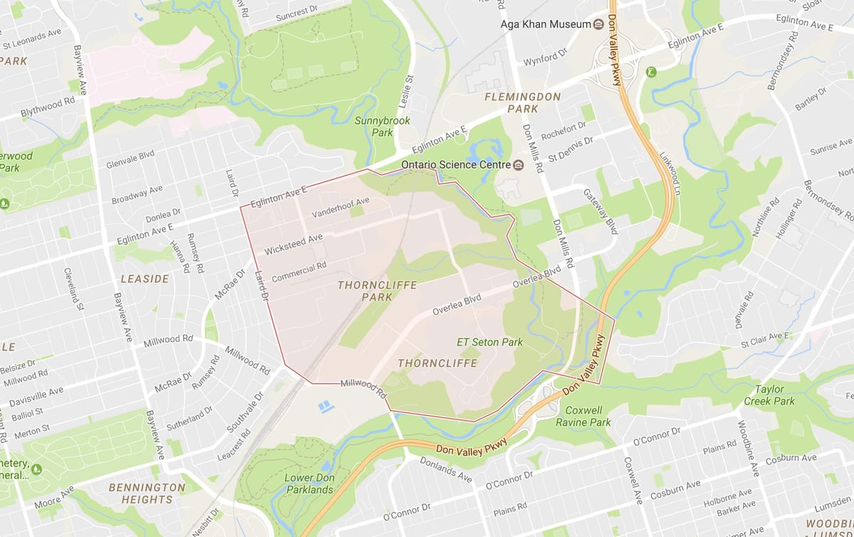 แผนที่ของ Thorncliffe วนสาธารณะเฝ้าระวังโตรอนโต