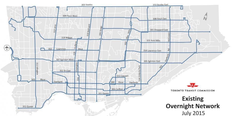 แผนที่ของ TTC ค้างคืนรถบัสเครือข่าย