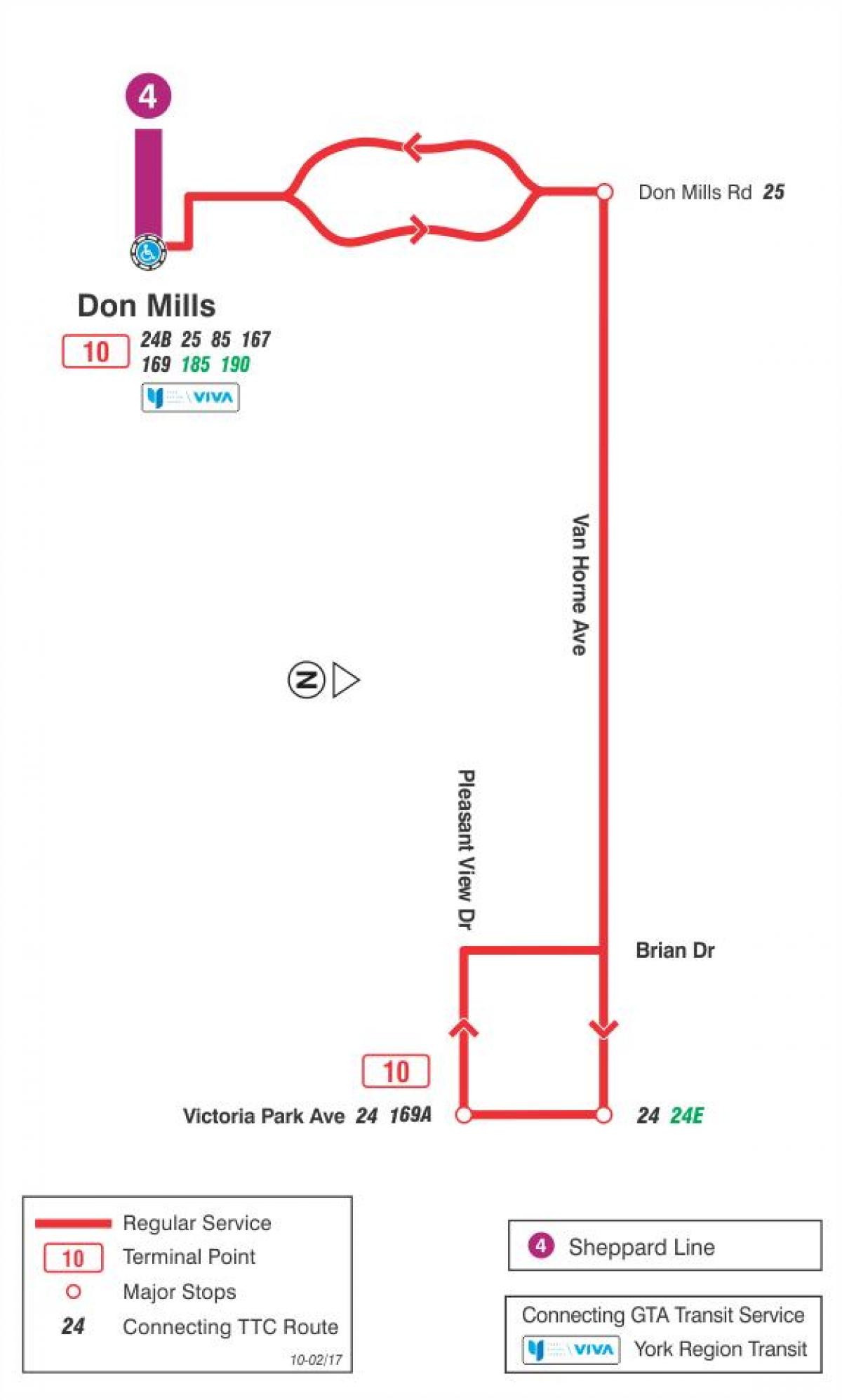 แผนที่ของ TTC 10 แวน Horne เส้นทางรถบัสโตรอนโต
