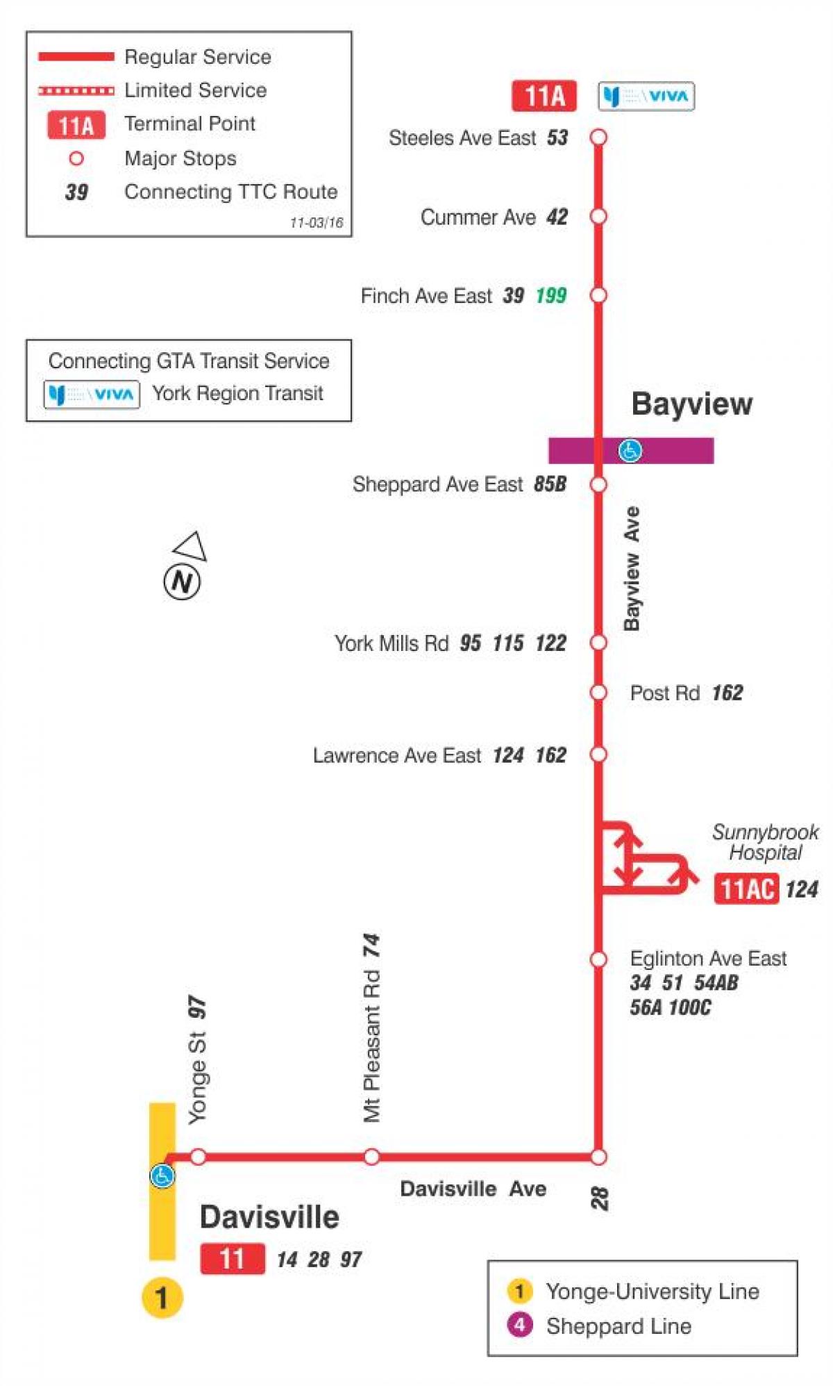 แผนที่ของ TTC 11 Bayview เส้นทางรถบัสโตรอนโต
