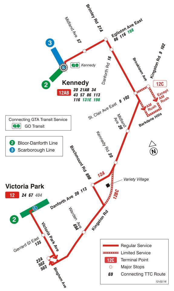 แผนที่ของ TTC 12 คิงส์ตั้นจอร์จ Rd เส้นทางรถบัสโตรอนโต