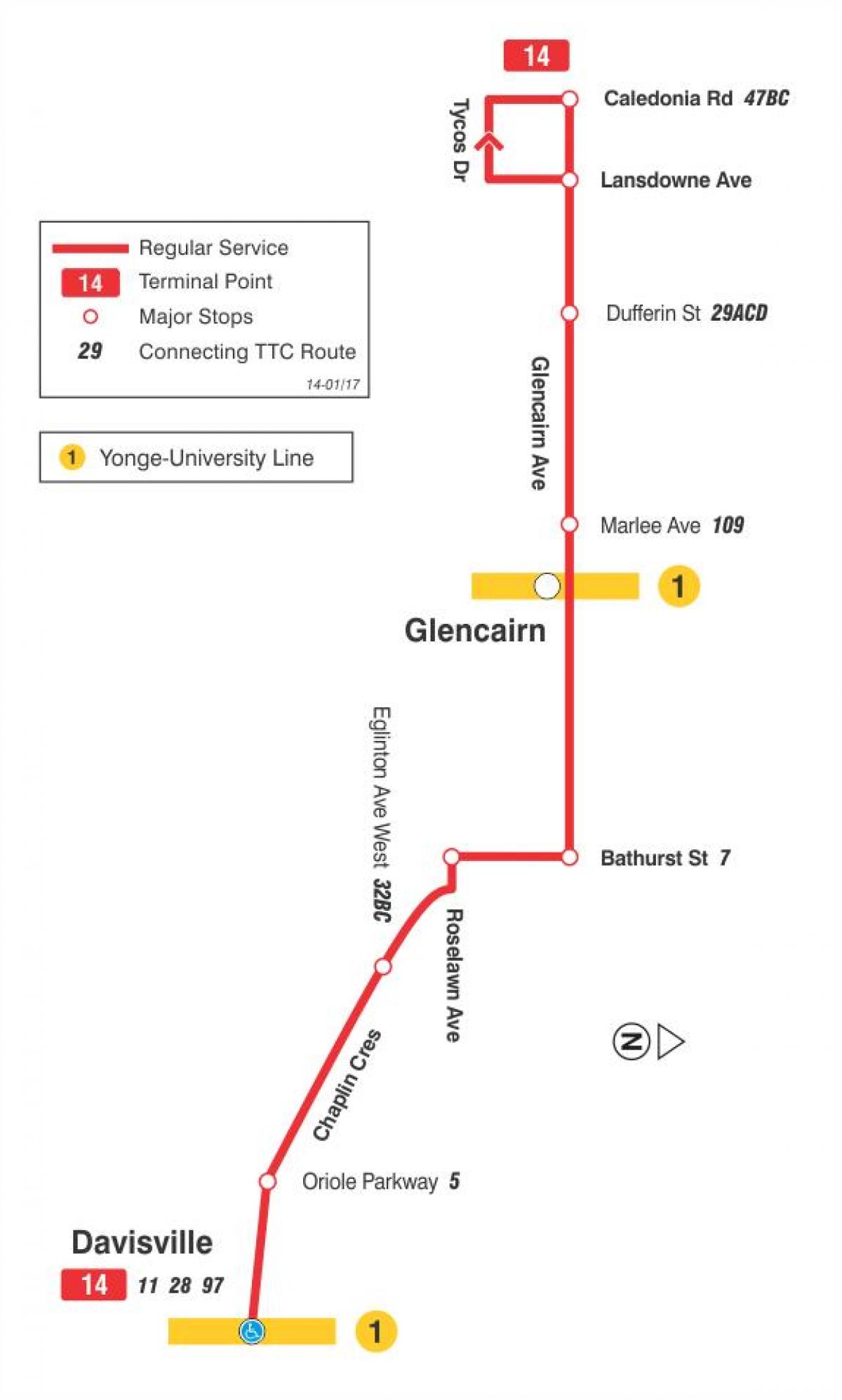 แผนที่ของ TTC 14 Glencairn เส้นทางรถบัสโตรอนโต