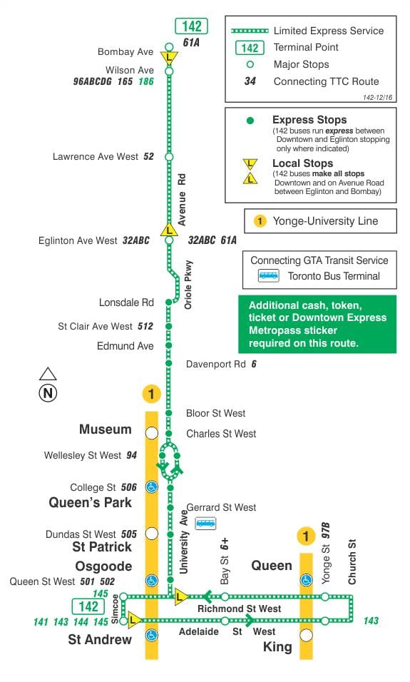 แผนที่ของ TTC 142 เมือง/ถนน Rd แสดงออกเดินโตรอนโต