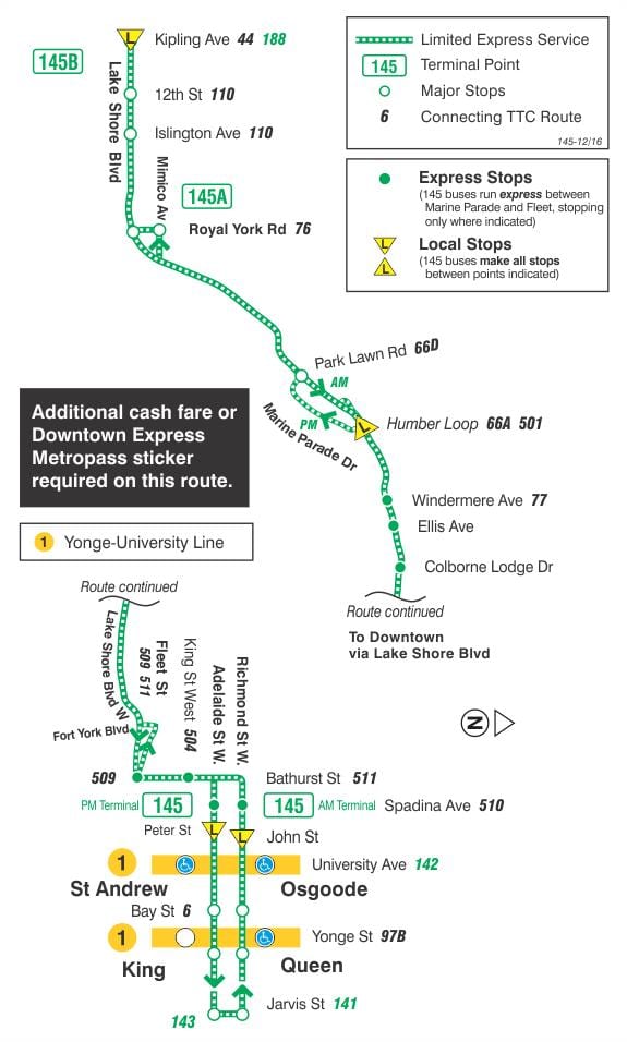 แผนที่ของ TTC 145 เมือง/Humber อ่าแสดงออกเดินโตรอนโต