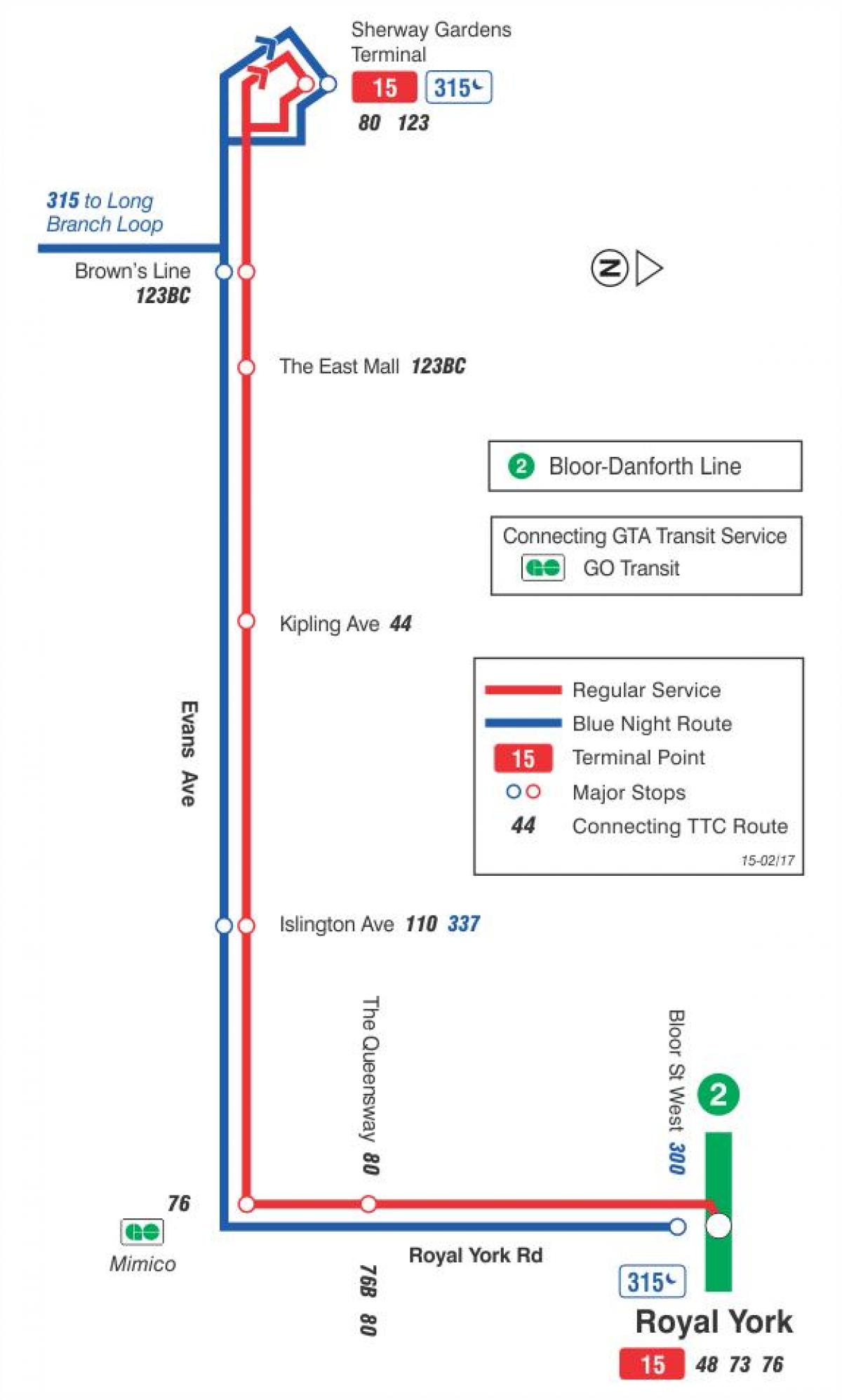 แผนที่ของ TTC 15 อีแวนส์เส้นทางรถบัสโตรอนโต