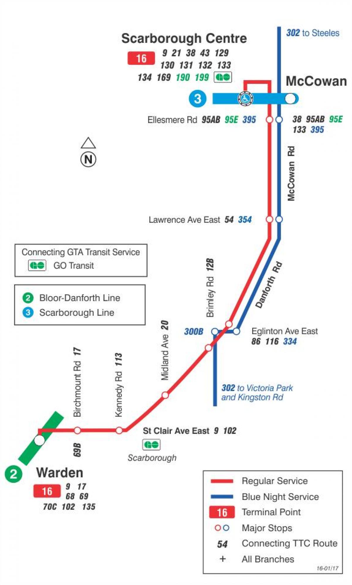 แผนที่ของ TTC 16 McCowan เส้นทางรถบัสโตรอนโต