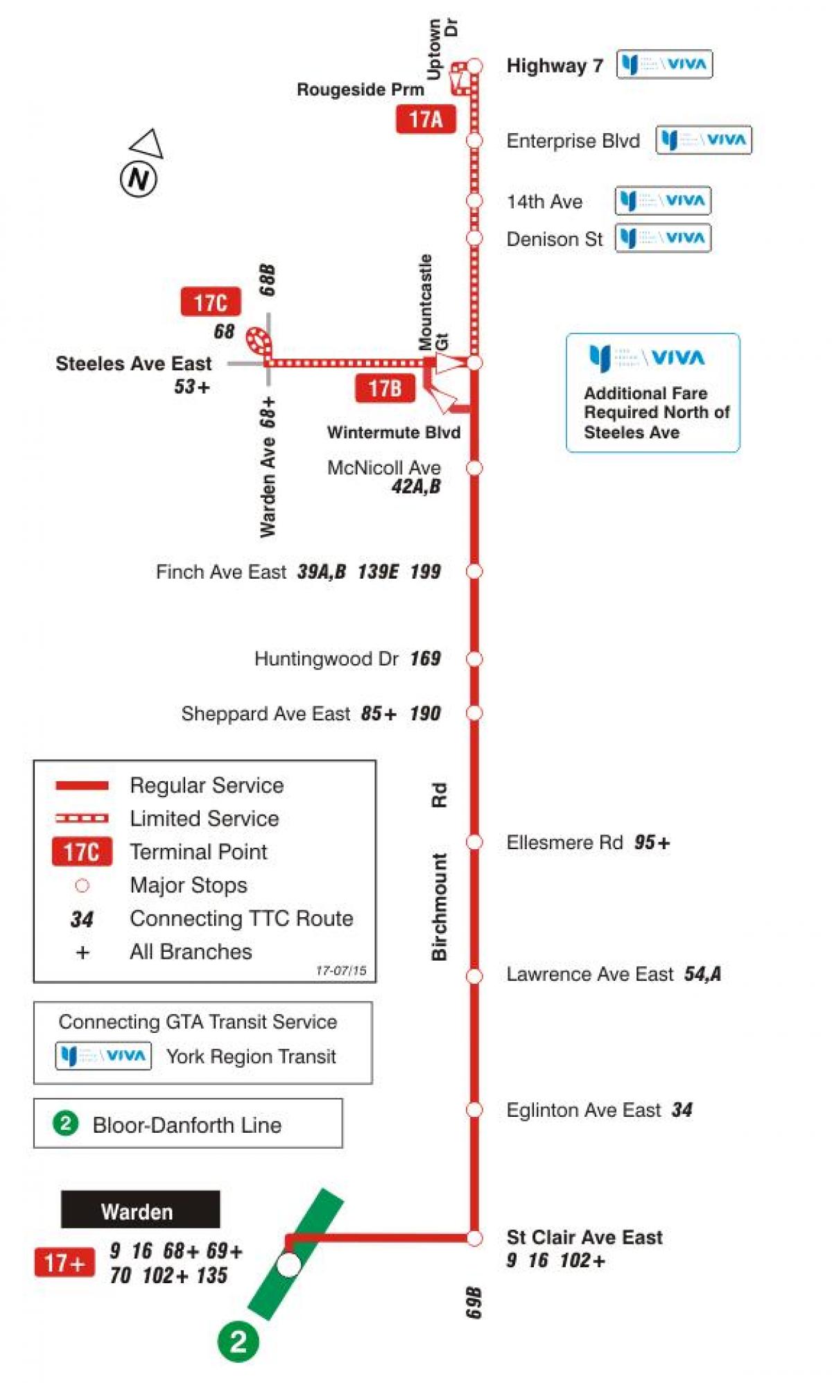 แผนที่ของ TTC 17 Birchmount เส้นทางรถบัสโตรอนโต