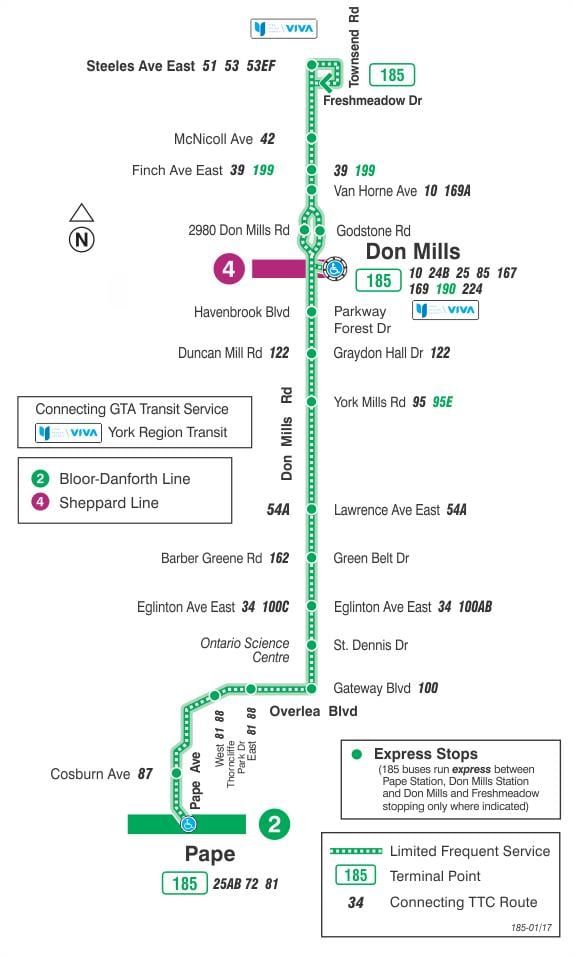 แผนที่ของ TTC 185 อมิลล์ดูเหมือนจรวดเส้นทางรถบัสโตรอนโต