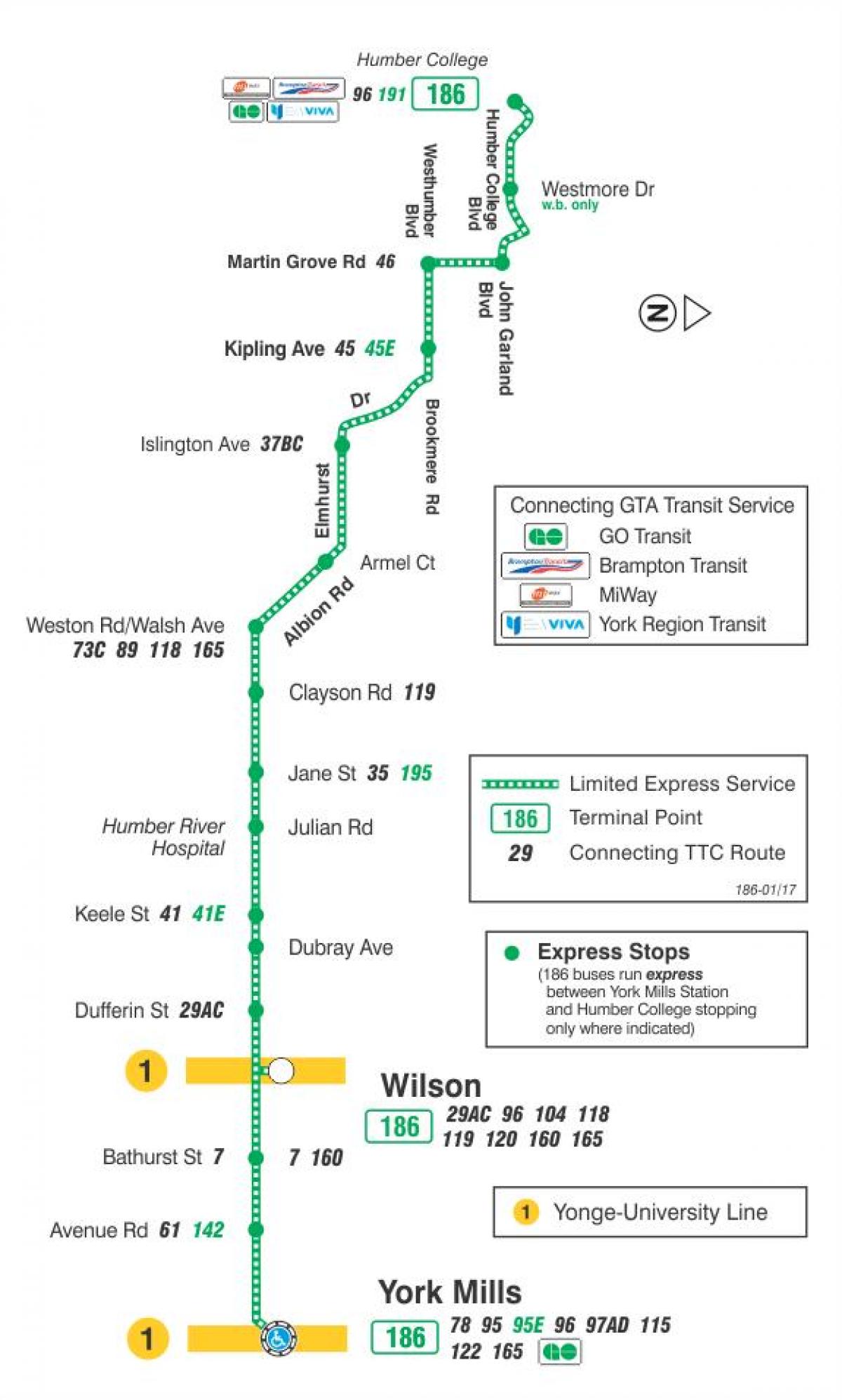 แผนที่ของ TTC 186 วิลสันจรวดเส้นทางรถบัสโตรอนโต