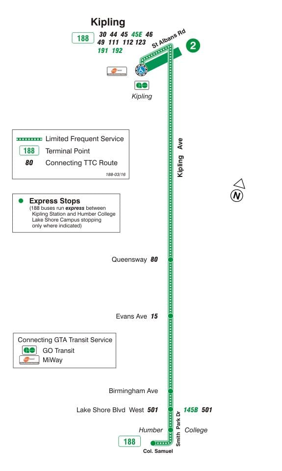แผนที่ของ TTC 188 Kipling ทิศใต้จรวดเส้นทางรถบัสโตรอนโต
