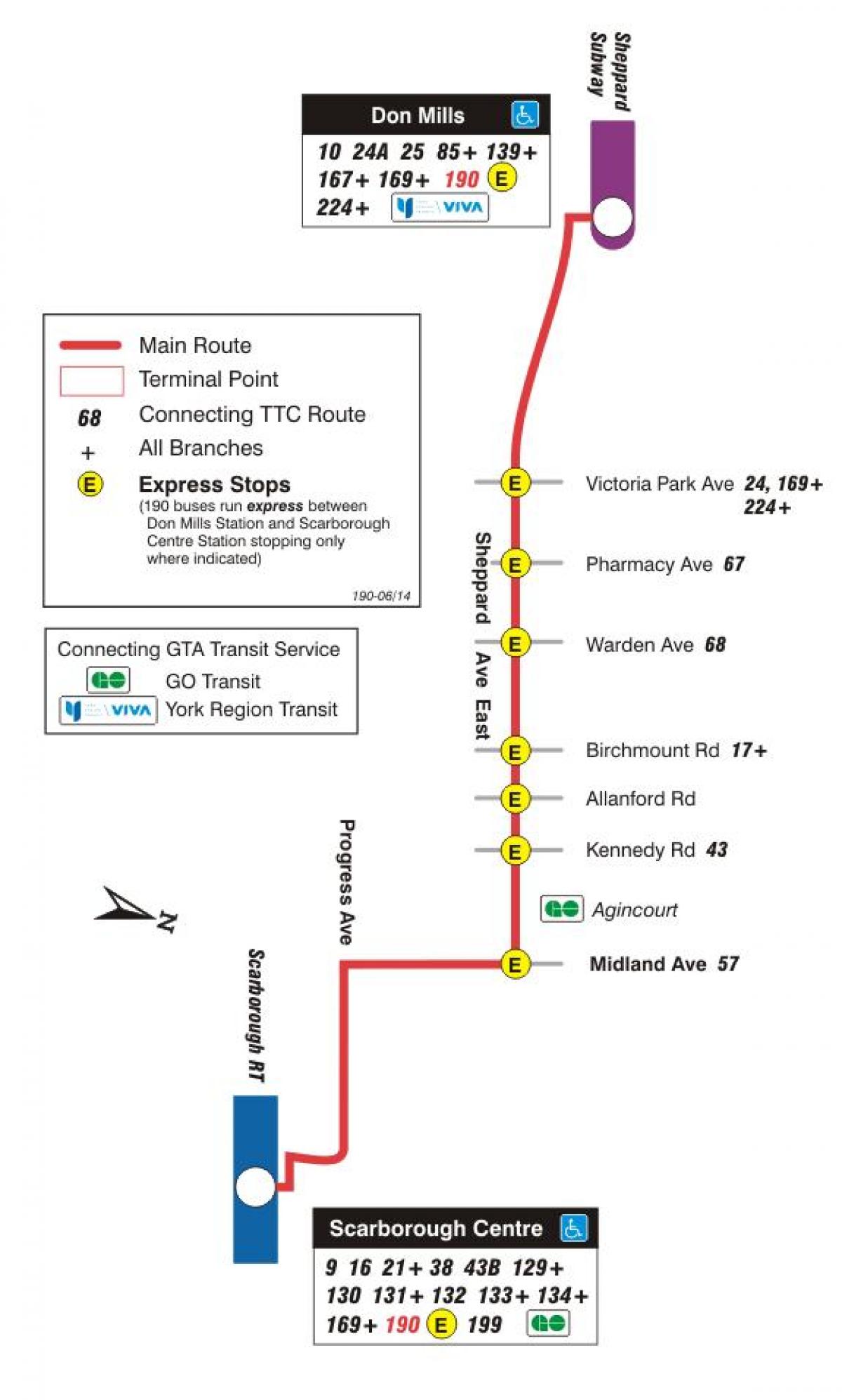 แผนที่ของ TTC 190 Scarborough ศูนย์กลางจรวดเส้นทางรถบัสโตรอนโต