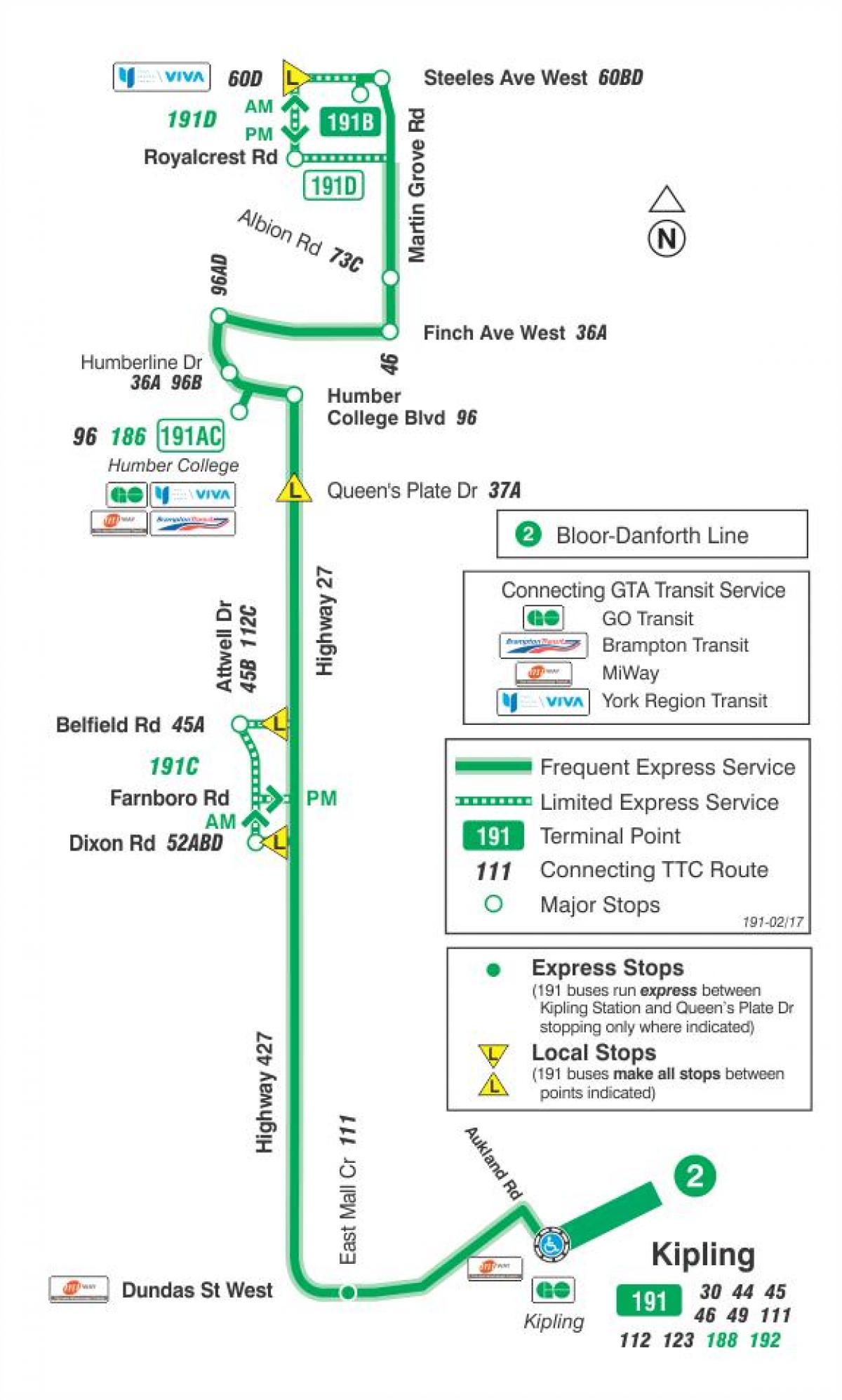 แผนที่ของ TTC 191 ทางหลวงอายุ 27 จรวดเส้นทางรถบัสโตรอนโต