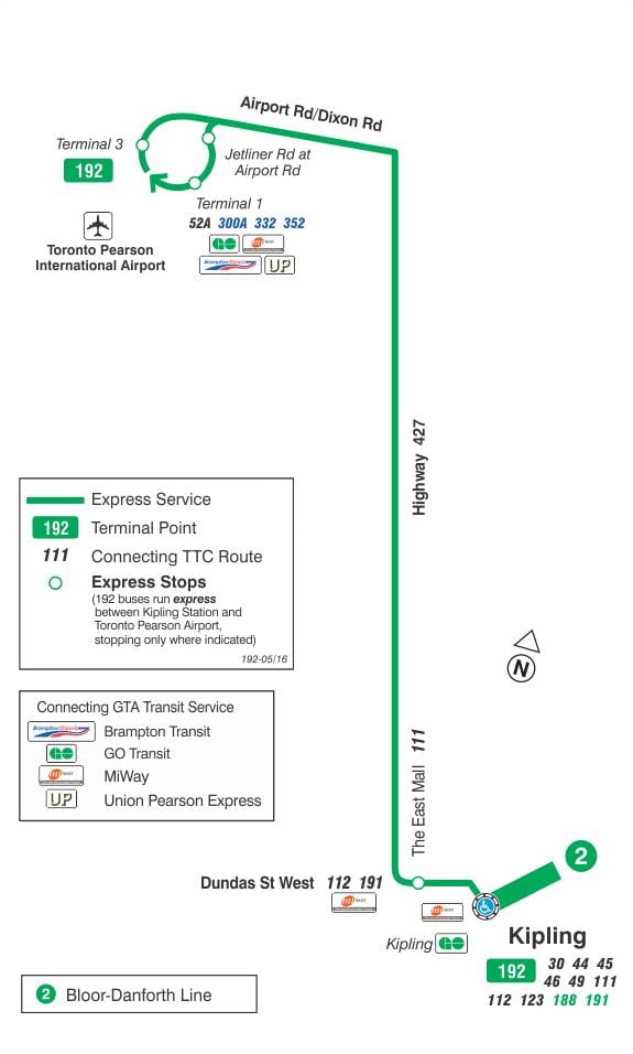 แผนที่ของ TTC 192 สนามบินจรวดเส้นทางรถบัสโตรอนโต