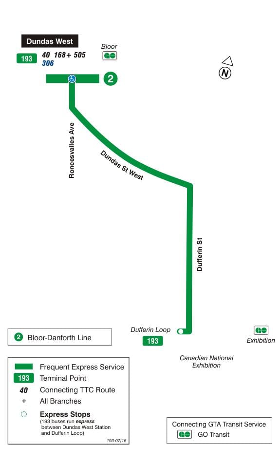 แผนที่ของ TTC 193 Exhibition จรวดเส้นทางรถบัสโตรอนโต