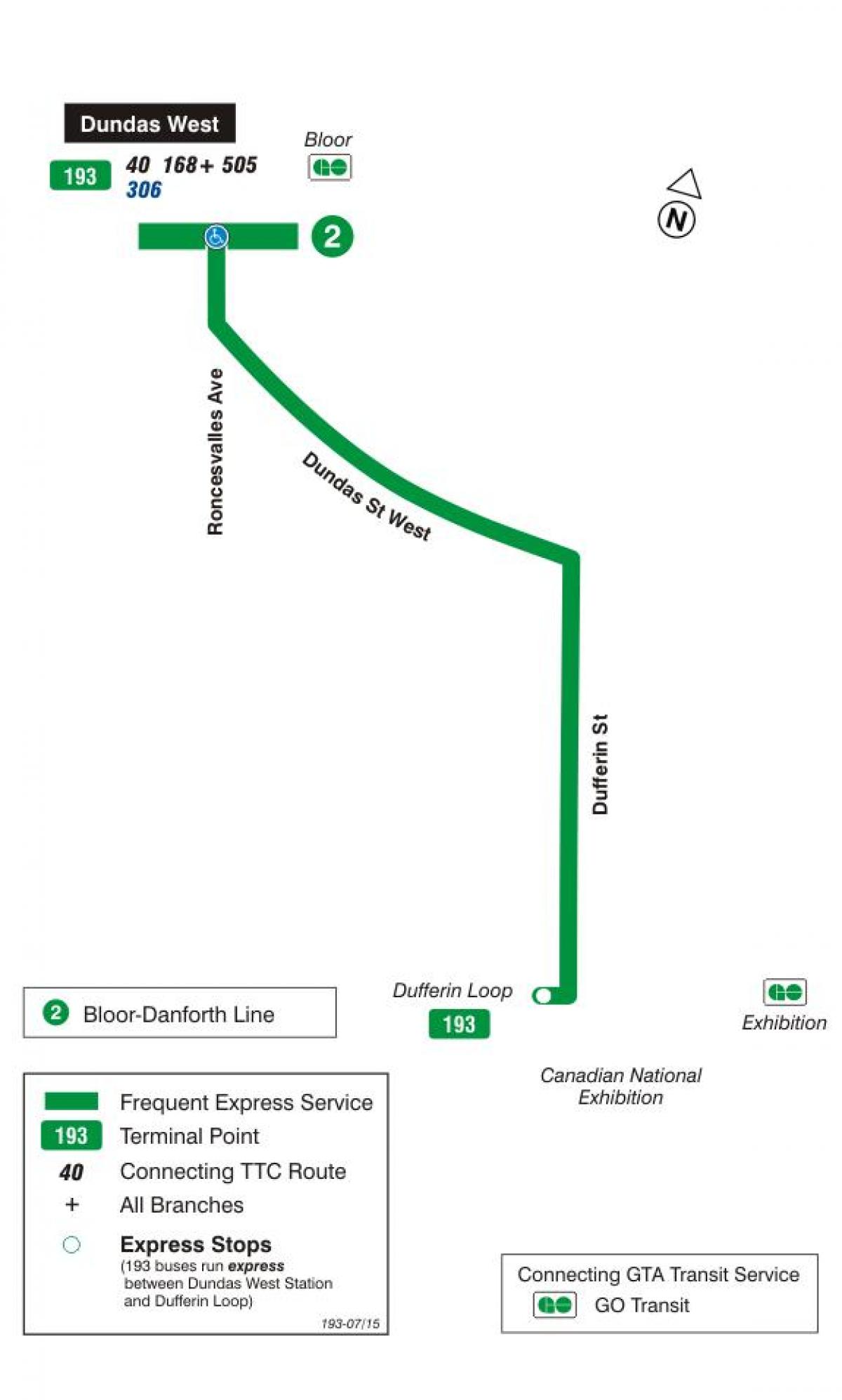 แผนที่ของ TTC 193 Exhibition จรวดเส้นทางรถบัสโตรอนโต