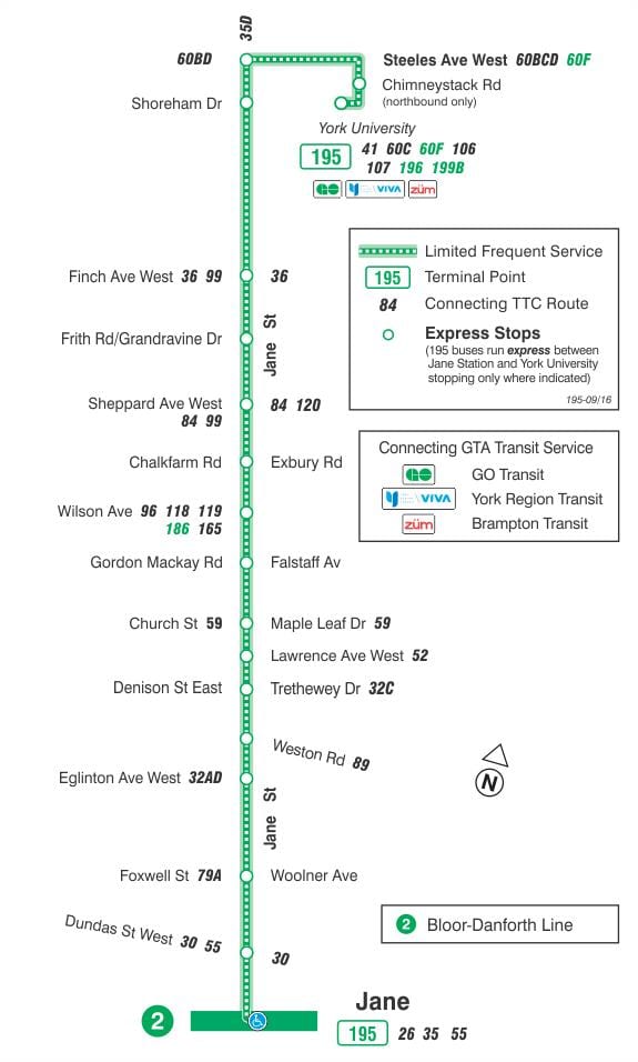 แผนที่ของ TTC 195 เจนจรวดเส้นทางรถบัสโตรอนโต