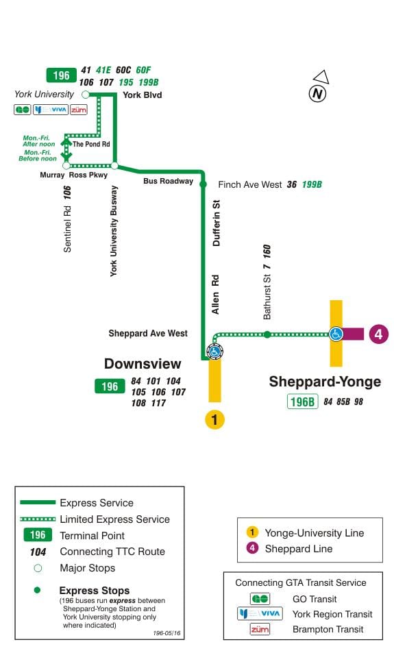 แผนที่ของ TTC 196 องนิวยอร์มหาวิทยาลัยจรวดเส้นทางรถบัสโตรอนโต