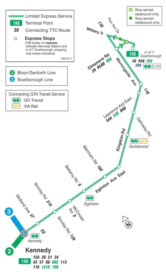 แผนที่ของ TTC 198 ดำน้ำของที Scarborough จรวดเส้นทางรถบัสโตรอนโต