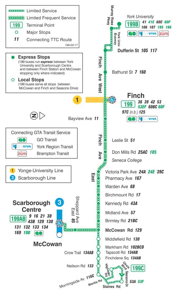 แผนที่ของ TTC 199 ฟินช์จรวดเส้นทางรถบัสโตรอนโต
