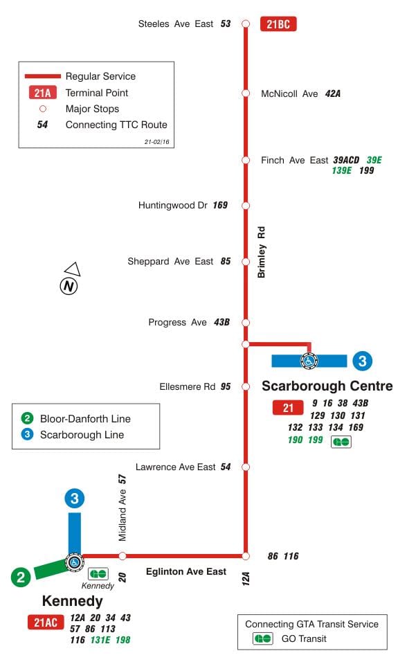 แผนที่ของ TTC 21 บริมเรย์เส้นทางรถบัสโตรอนโต