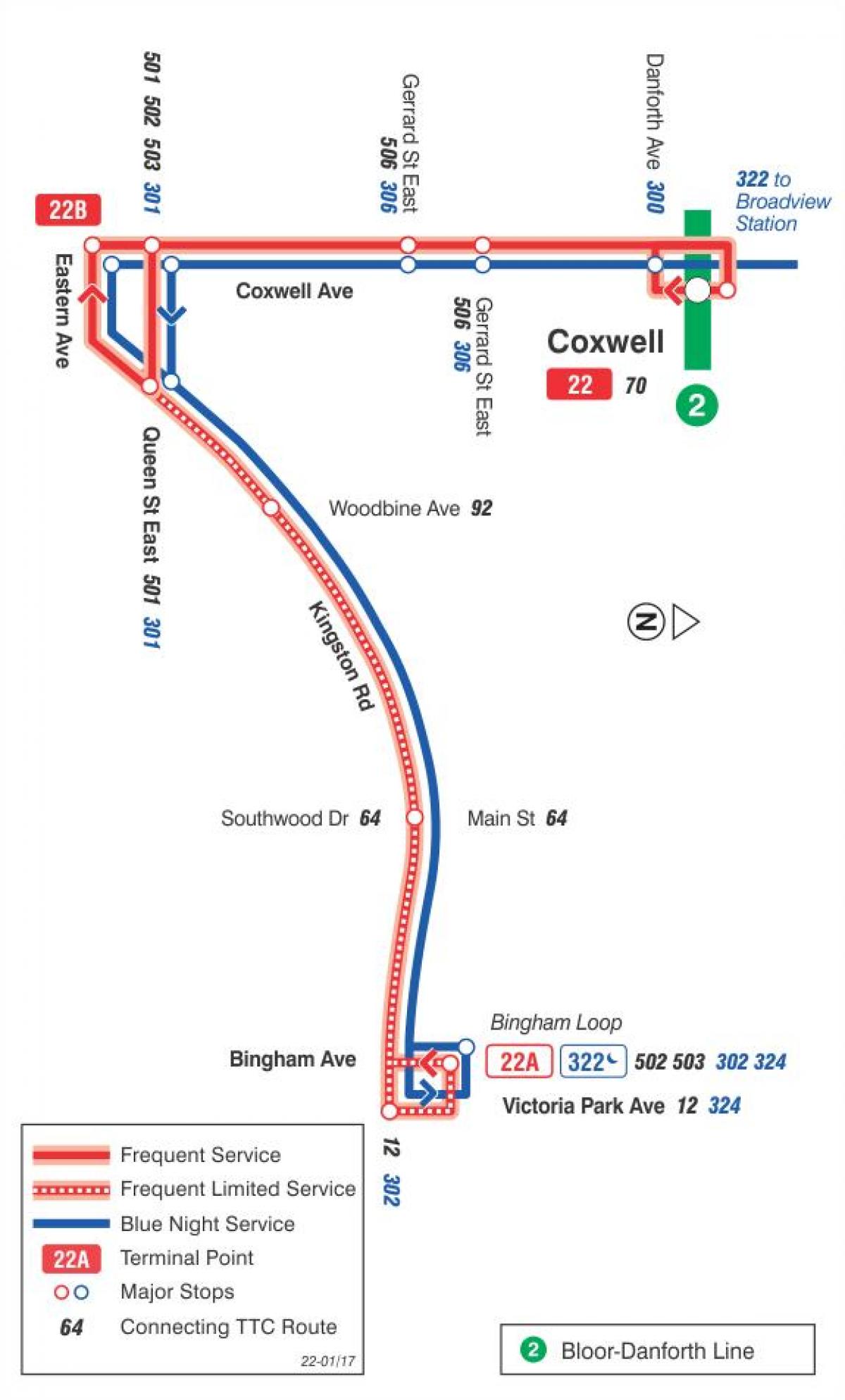แผนที่ของ TTC 22 Coxwell เส้นทางรถบัสโตรอนโต