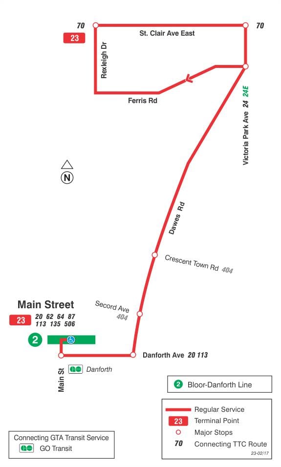 แผนที่ของ TTC 23 Dawes เส้นทางรถบัสโตรอนโต