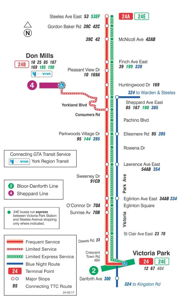 แผนที่ของ TTC 24 วิคตอเรียสวนเส้นทางรถบัสโตรอนโต