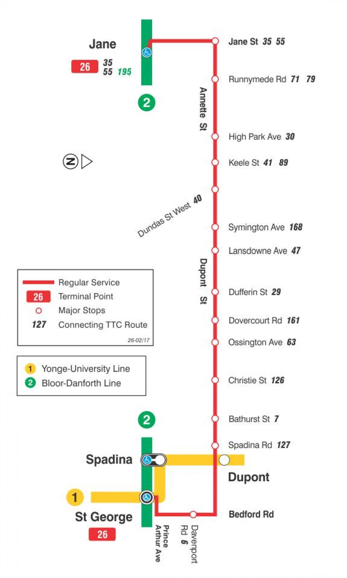 แผนที่ของ TTC 26 พักเส้นทางรถบัสโตรอนโต
