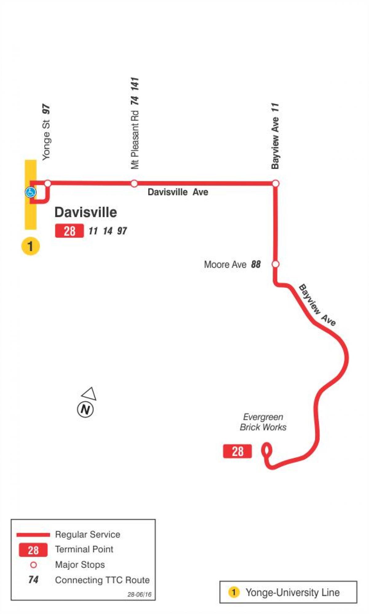 แผนที่ของ TTC 28 Bayview ใต้เส้นทางรถบัสโตรอนโต