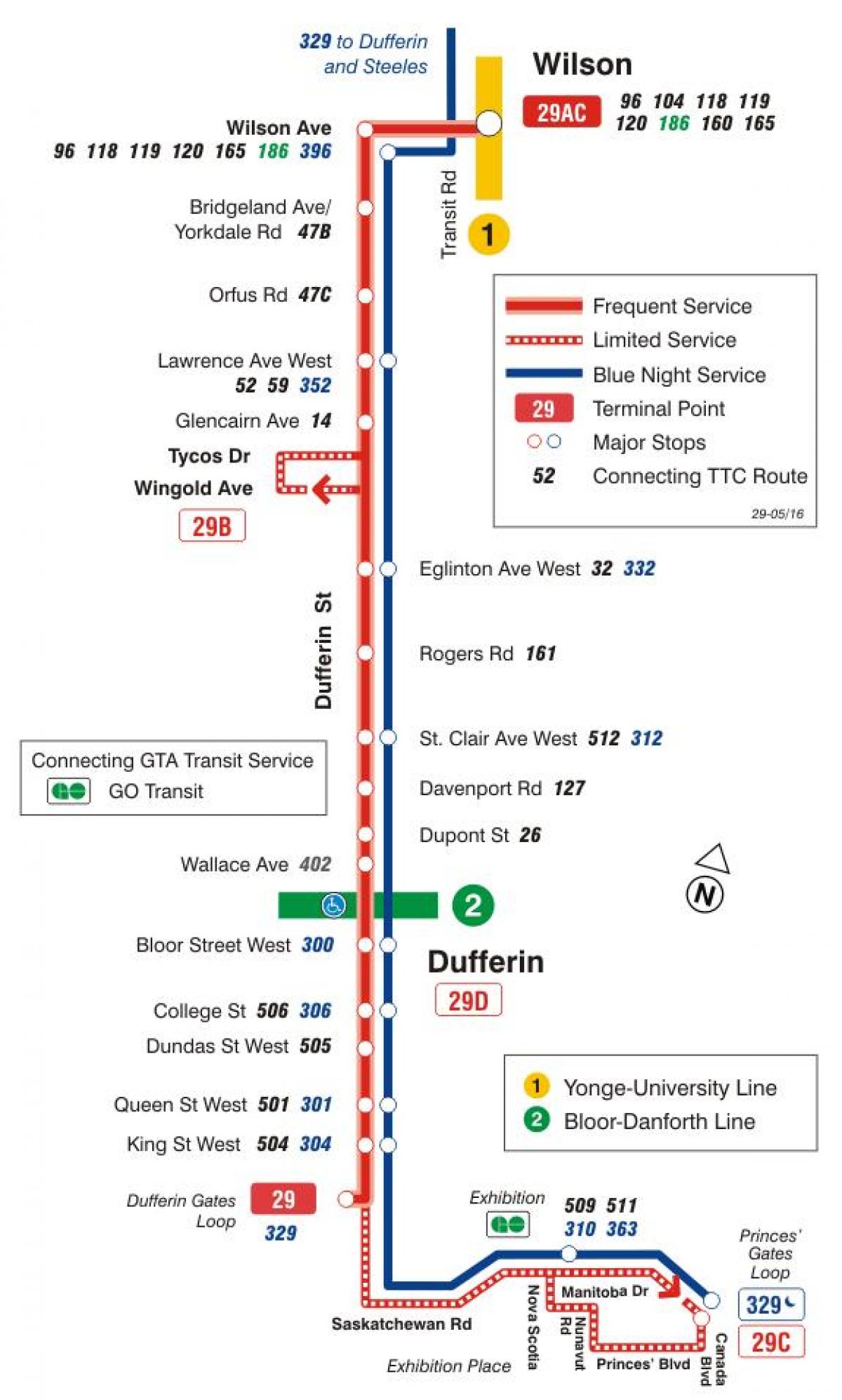 แผนที่ของ TTC 29 Dufferin เส้นทางรถบัสโตรอนโต
