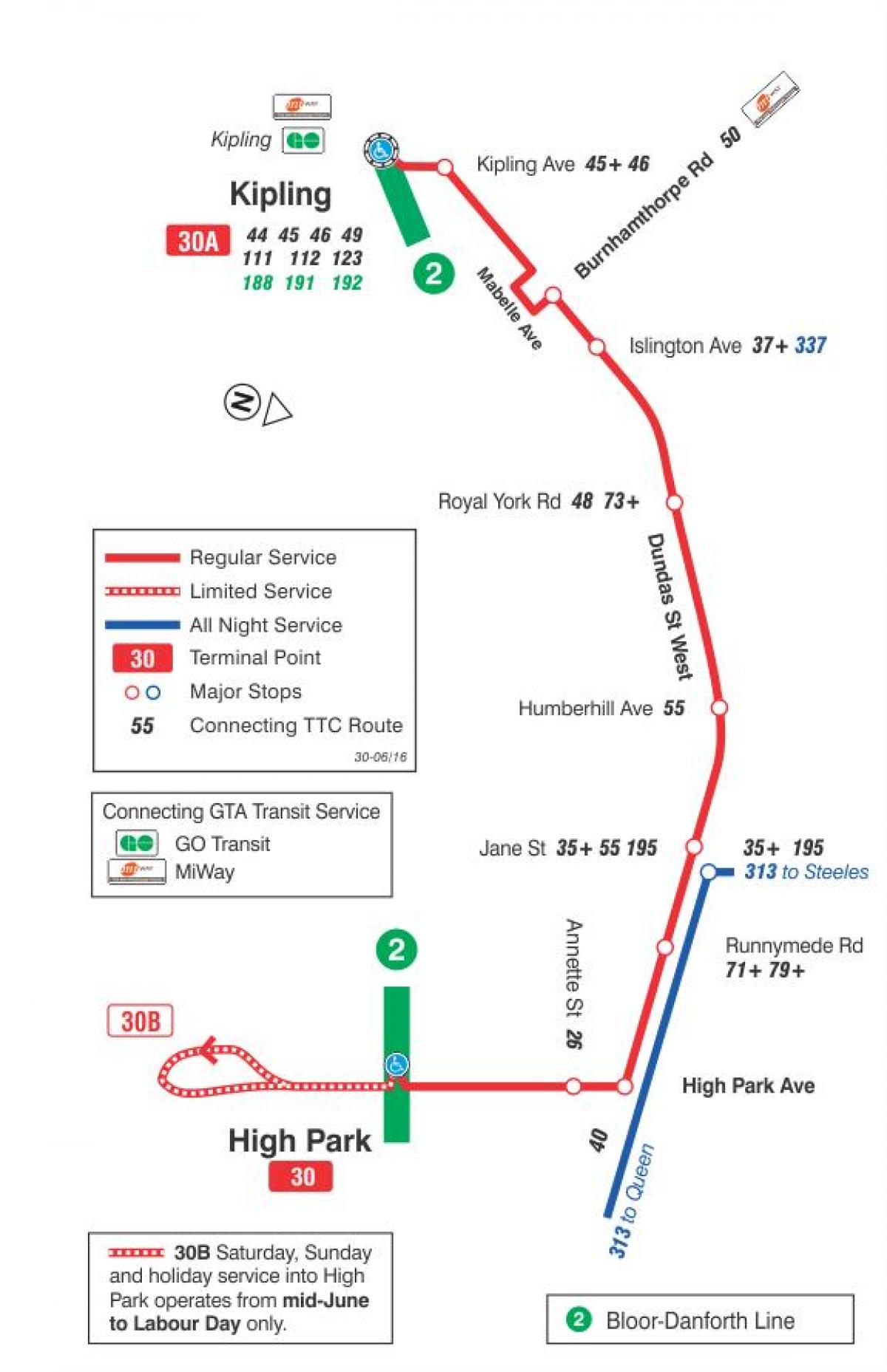 แผนที่ของ TTC 30 Lambton เส้นทางรถบัสโตรอนโต