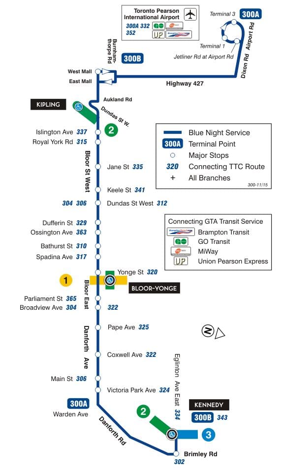 แผนที่ของ TTC 300A Bloor-Danforth เส้นทางรถบัสโตรอนโต
