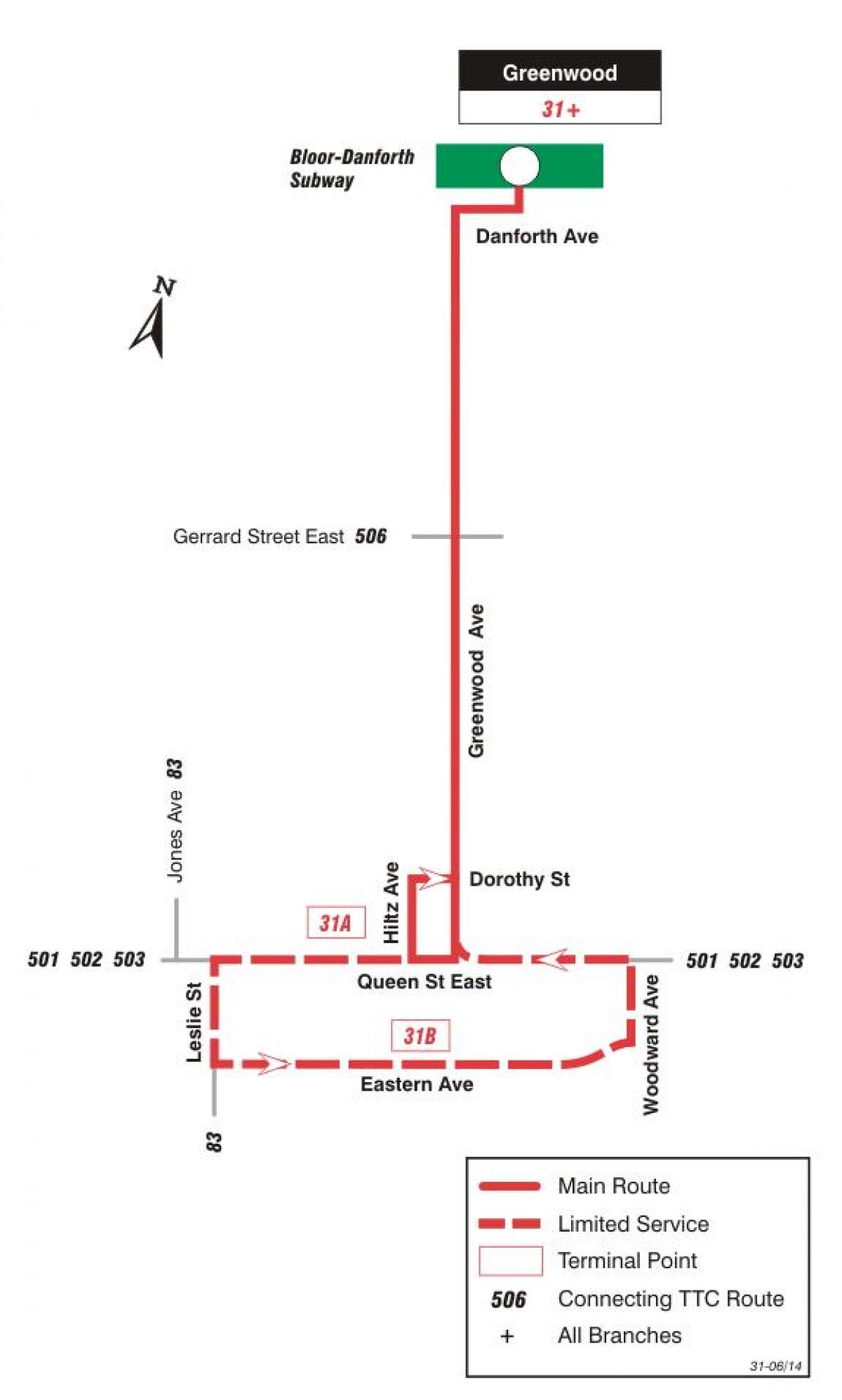 แผนที่ของ TTC 31 Greenwood เส้นทางรถบัสโตรอนโต