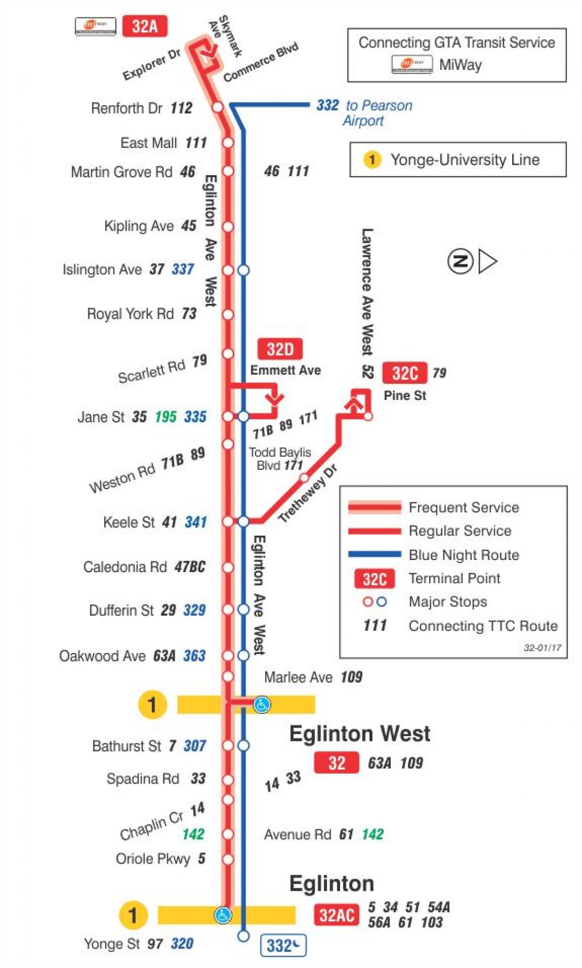 แผนที่ของ TTC 32 Eglinton ทางตะวันตกนรถคันเส้นทางโตรอนโต